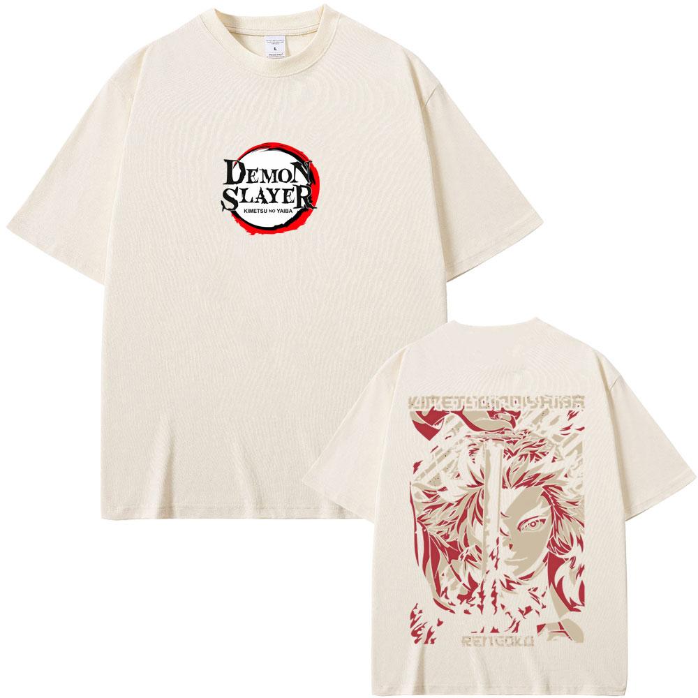 Anime Demon Slayer Rengoku Kyoujurou Double Sided Print T-shirt Summer Men Women Casual Oversized Tshirt Male Vintage T Shirts
