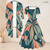 Women Plus Size Printed Two Piece Set Square Neck Short Sleeve Tie Waist Flared Dress 3 4 Sleeve Cardigan