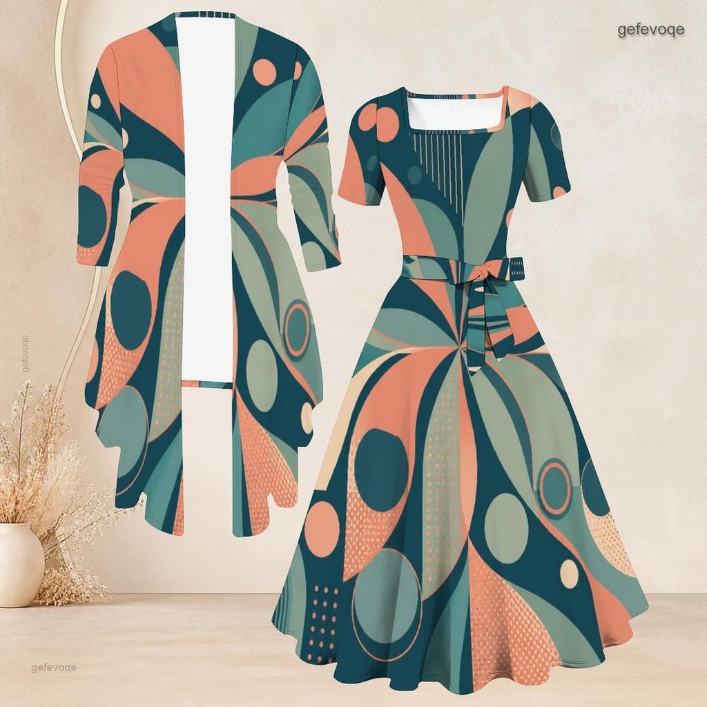 Women Plus Size Printed Two Piece Set Square Neck Short Sleeve Tie Waist Flared Dress 3 4 Sleeve Cardigan