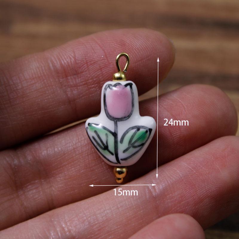 2Pcs Painted Handmade Ceramic Pendants Stainless Steel Eye Pin Tulip/Animal Charms for DIY Necklace Earrings Jewelry Accessories