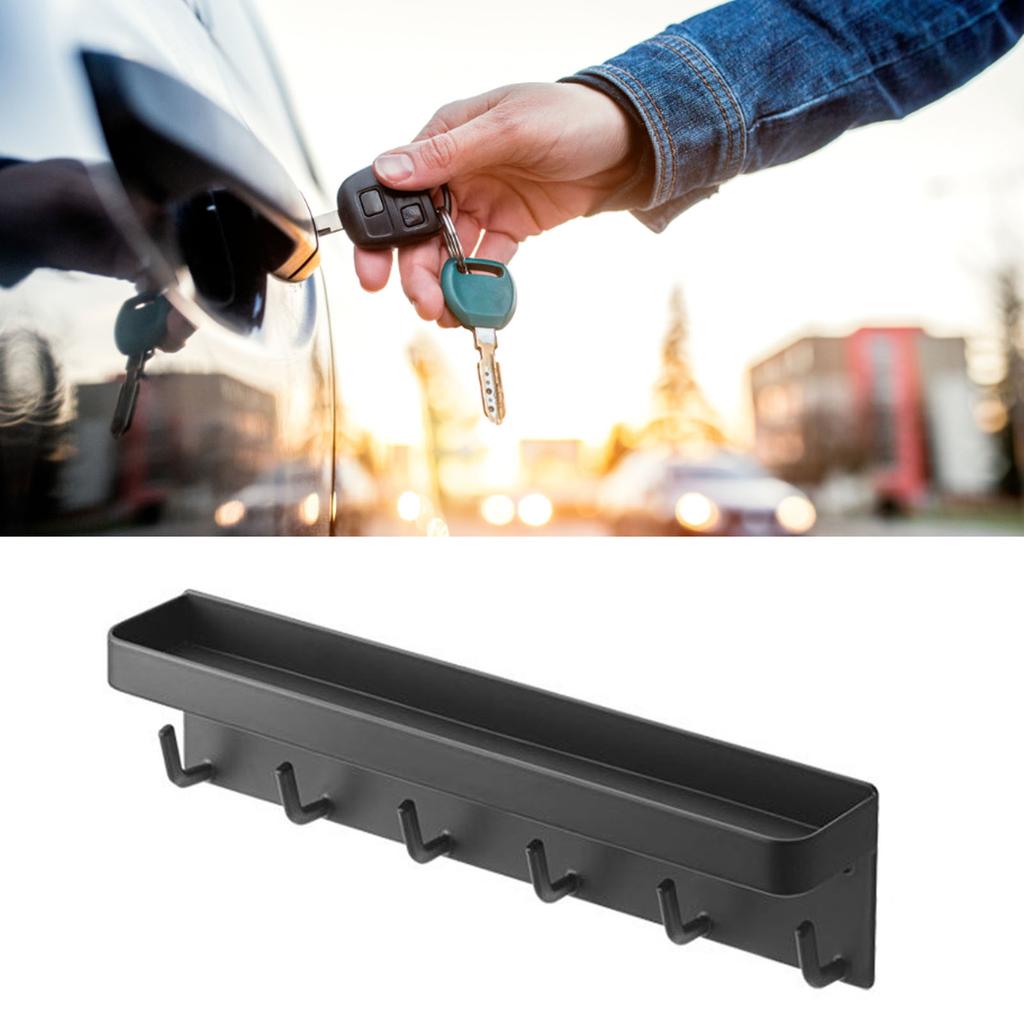 Key Rack with Tray 6pcs Hooks Nail Free Installation Rounded Corners Decorative Practical Carbon