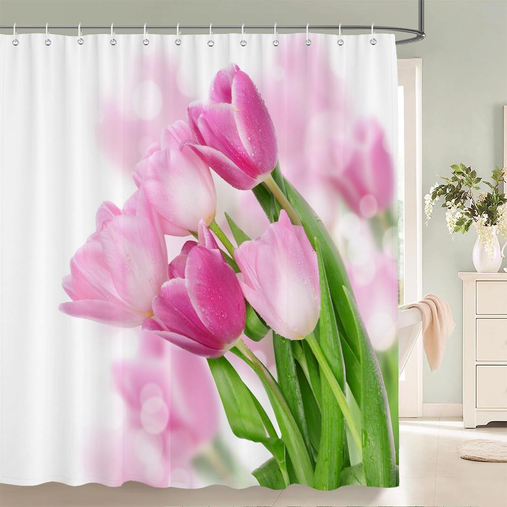 3d Tulip Fresh Flowers Shower Curtains Bathroom Waterproof Floral Bath Curtain Polyester Cloth With Hooks Decorative Bath Screen