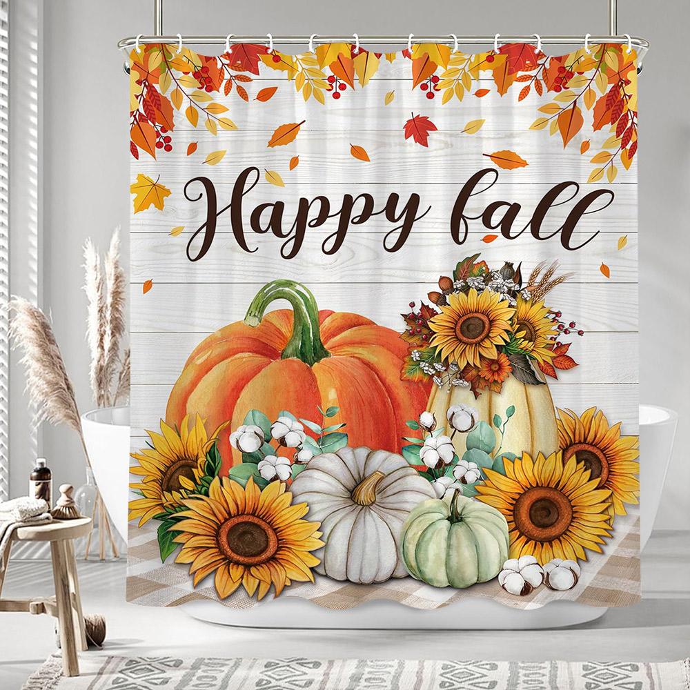 

Autumn Leaves Pumpkin Shower Curtain Rustic Farm Truck Animals Thanksgiving Polyester Fabric Shower Curtains Bathroom Decoration W60H190(CM)-1 Pcs
