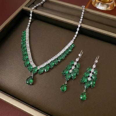 Trendy Green Zircon Tassel Wheat-Ear Necklace & Earring Set