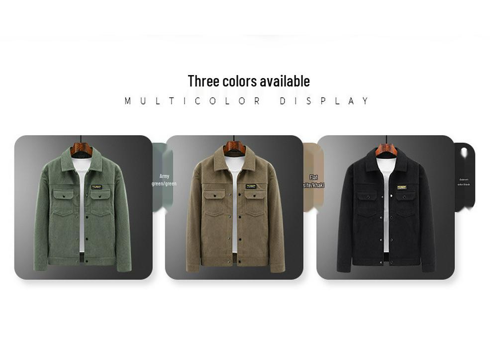Men's Corduroy Striped Workwear Jacket with Pockets, Retro Lapel, Long-Sleeve.