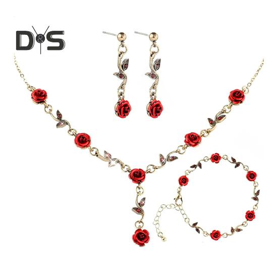 

3 шт./комплект комплект украшений с красными розами, цветочная тема, романтика, винтажный французский стиль, подарок на День святого Валентина, День матери, серьги, регулируемое ожерелье со стразами 3pcs