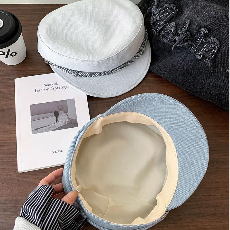 Retro British Style Denim Woven Octagonal Hat For Spring Autumn Korean Ins Artistic Temperament Flat Top Painter Hat Newsboy Hat