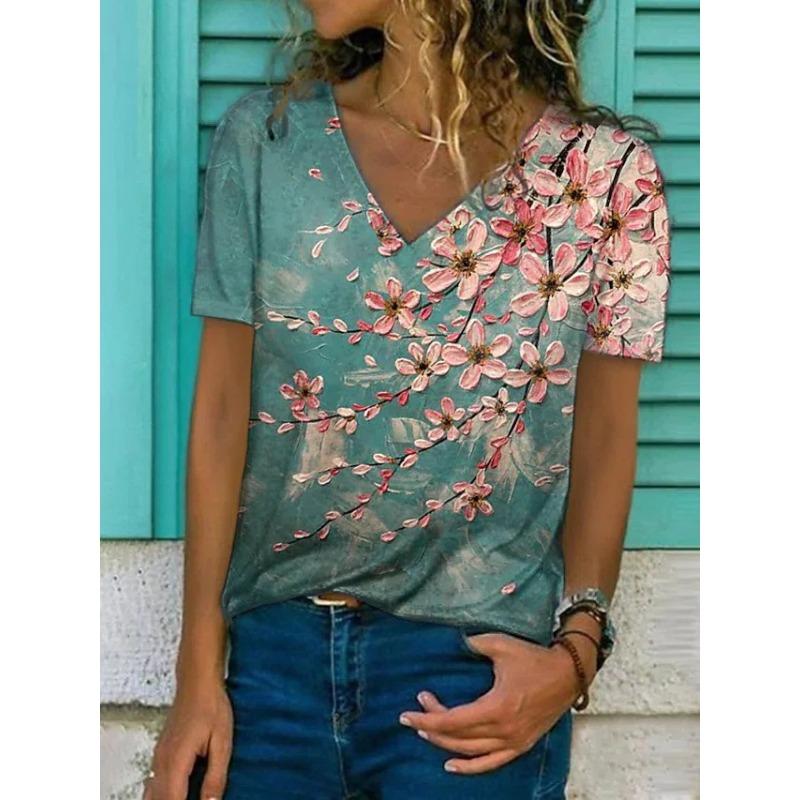 Damen Retro V-Ausschnitt Kurzarm T-Shirt, Nische Sommer Casual Locker T-Shirt