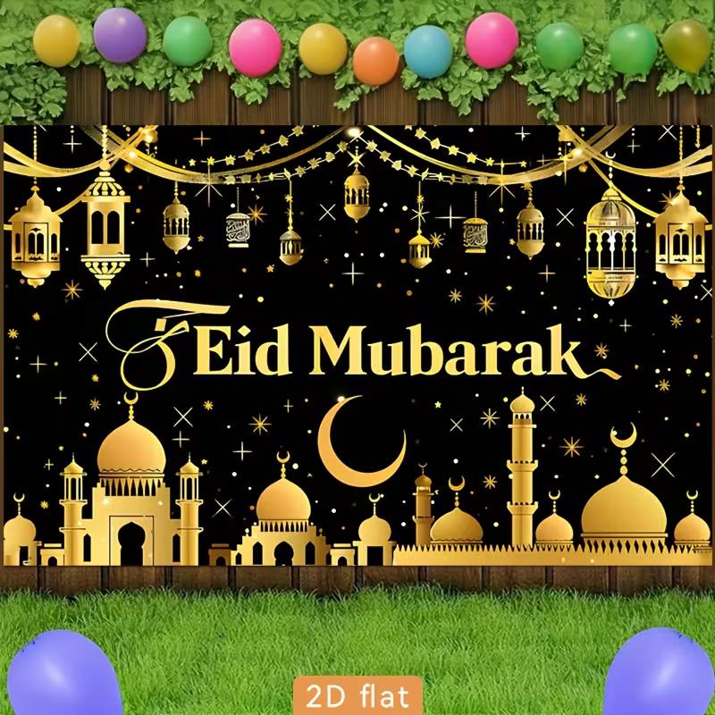 2D Flat Eid Mubarak Background, Black Gold Moon & Mosque Theme Backdrop for Muslim Festival