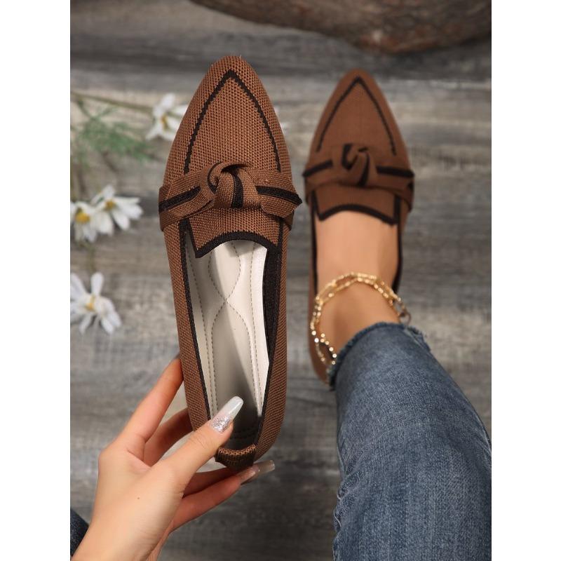 Women's Pointed Toe Flying Woven Loafers, Bow Decor Slim Fit Flat Shoes, Casual Slip On Daily Ladies Single Shoes