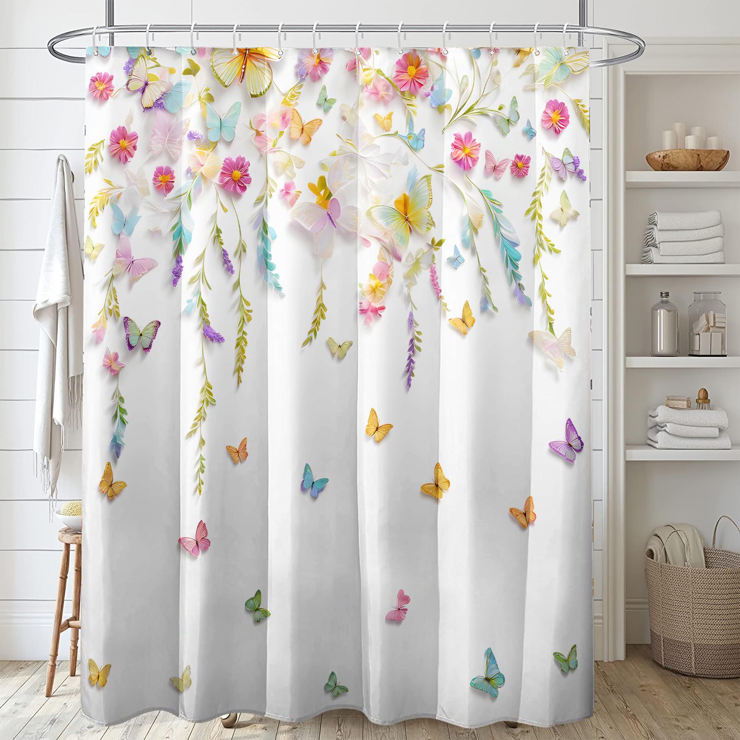 

1pc Butterfly Print Shower Curtain Polyester Fabric, Floral and Butterfly Pattern, Stylish Home Bathroom Decor, Machine Washable 90X180cm