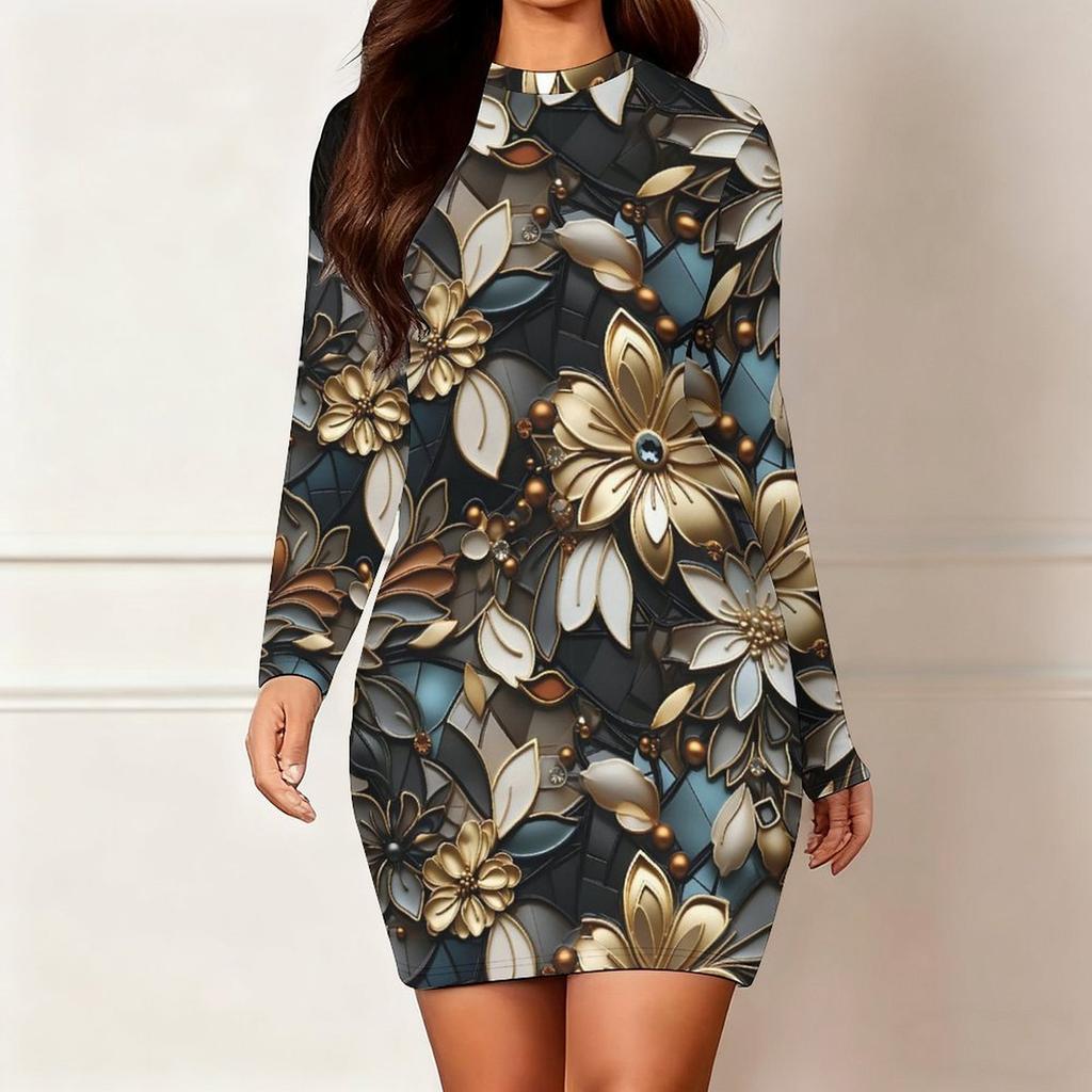 2025 Outono e Inverno Novo Estampa Floral 3D e Tingimento Moda Feminina Manga Longa Gola Redonda Vestido Envolvente de Quadril Dia dos Namorados Limitado