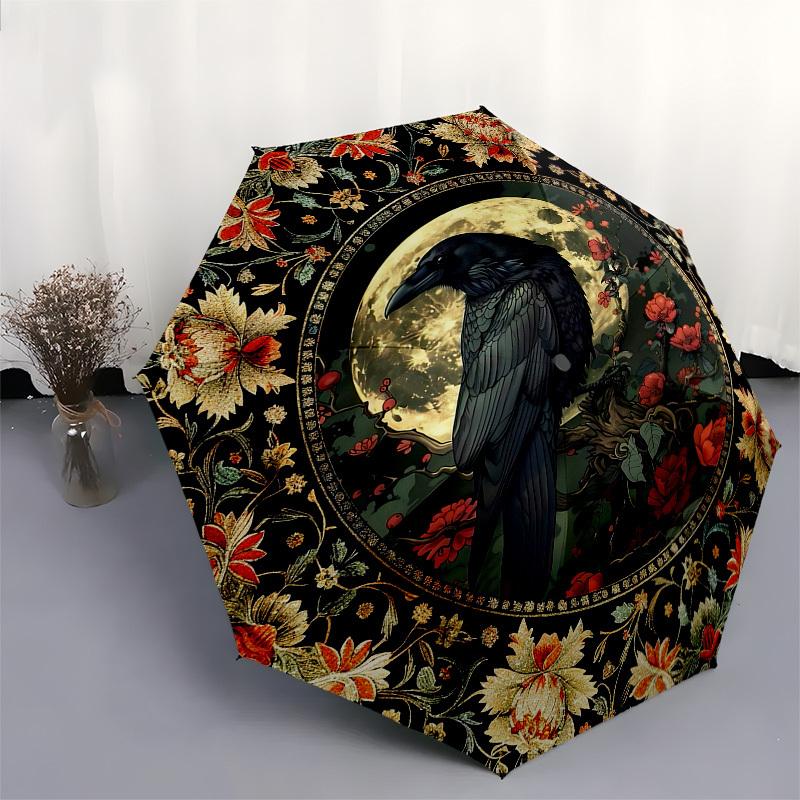Moon RavenThemed Automatic Opening and Closing Umbrella 8 Ribs, Suitable for Leisure and Going Out, Outdoor Accessory, Gothic Style, Fashi