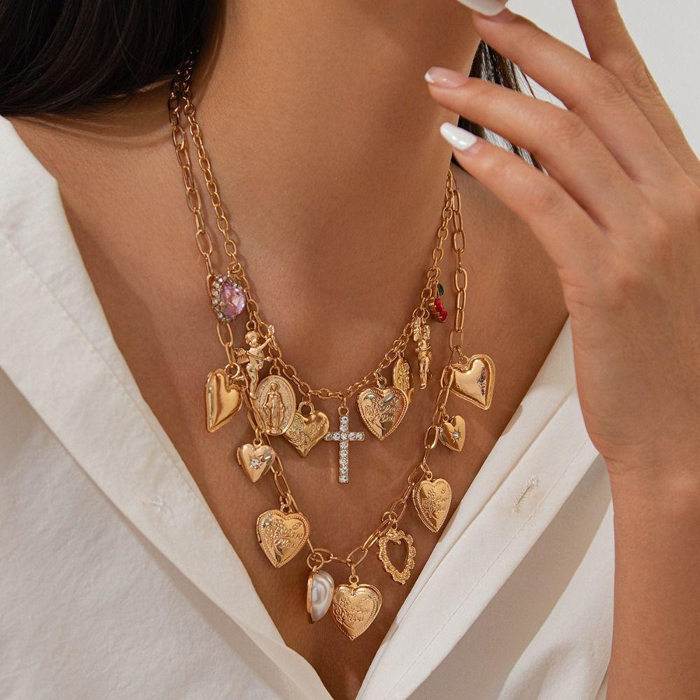 Metal Material Rhinestone Cross Choker Vintage Style Love Pendant Necklace  Women's Jewelry