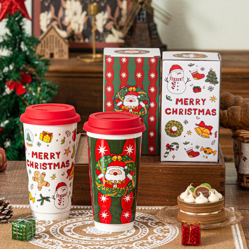 New Year's Santa Claus Ceramic Mug with Lid, Coffee Cup, Gift Giving, Holiday Living Room Breakfast Milk Cup