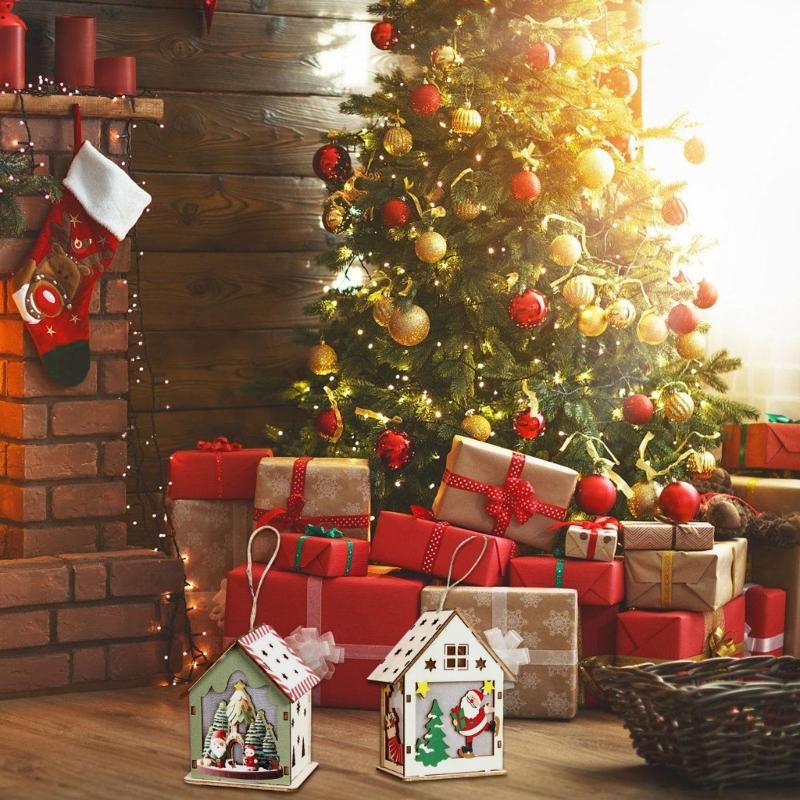 Illuminated Wooden Cottage Ornament Christmas Tree Hanging Decoration For Mantels Door Window Holiday Party Decoration