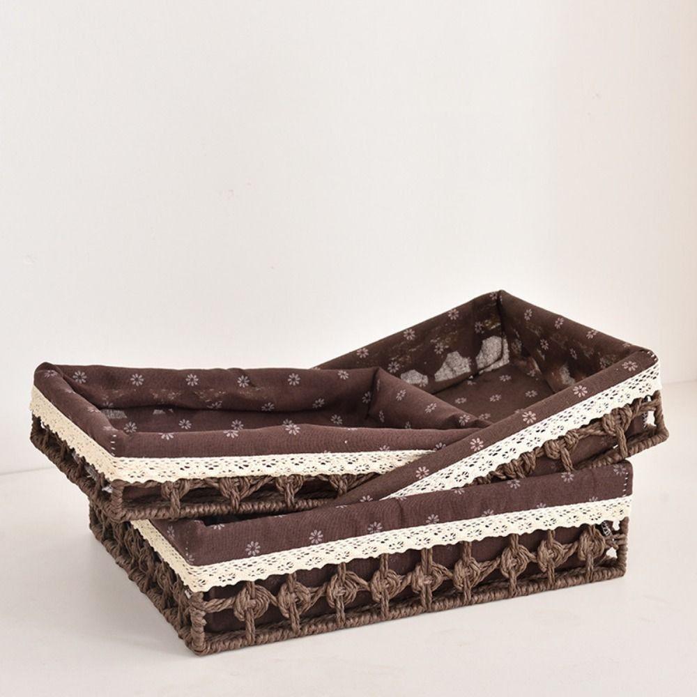 Hand Woven Desktop Weaving Basket Hollow Out Rectangular Tabletop Fruit Container Bohemia Stylish Cosmetics Organizer Tray