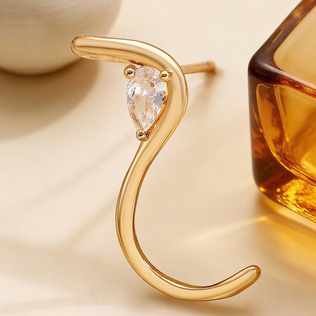 Orecchini a Bottone S-shaped in Rame Intarsiato Zircone Eleganti di Lusso Gioielli Minimalisti Singoli da Donna Unici