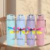 1PC Colorful Dragonfly Minimal Line Print 750ml Color Plastic Sports Water Bottle Leakproof Flip Straw Lid Suitable for Sports Office Home Use