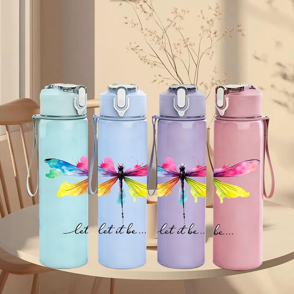 1PC Colorful Dragonfly Minimal Line Print 750ml Color Plastic Sports Water Bottle Leakproof Flip Straw Lid Suitable for Sports Office Home Use