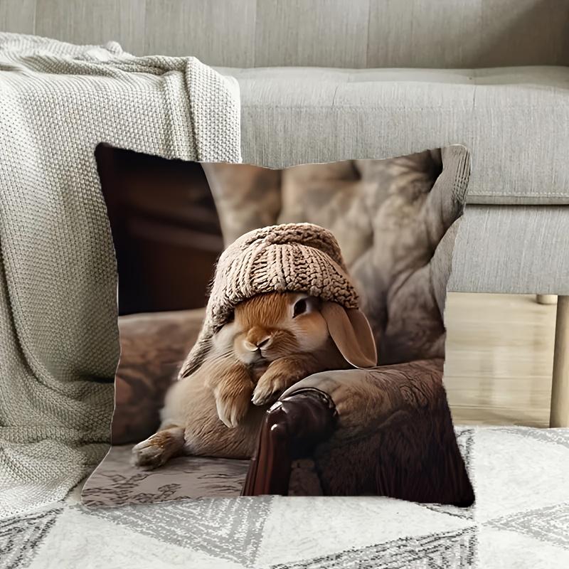 Süßer Hase mit Strickmütze Aufdruck Kissenbezug - Luxuriöse Wohnkultur, Perfekt für Wohnzimmer und Schlafzimmer, Ideales Geschenk für Tierliebhaber