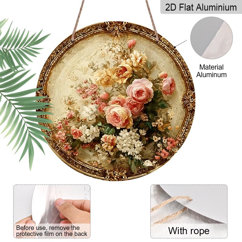 2D Flat, 1pc Round Vintage Floral Metal Wall Decor - Beige & Golden Suitable for Home, Suitable for Housewarming Gifts, Round Aluminum Plaque with