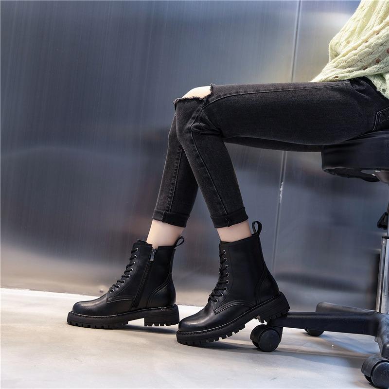 Martin boots women's autumn and winter new Lunfeng medium tube leather short shoes women's thick-soled velvet women's shoes