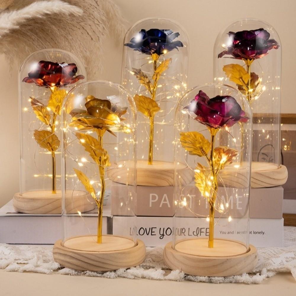 Glass Cover Preserved Rose Flower LED Light Artificial flowers Rose LED Light  Valentine's Day