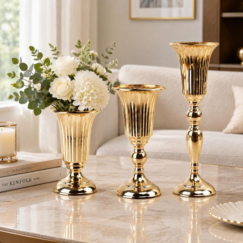 Vases trompettes Support à fleurs Centres de table, Vases urnes avec finition dorée, Corps cannelé et base large pour présentoirs décoratifs d'intérieur