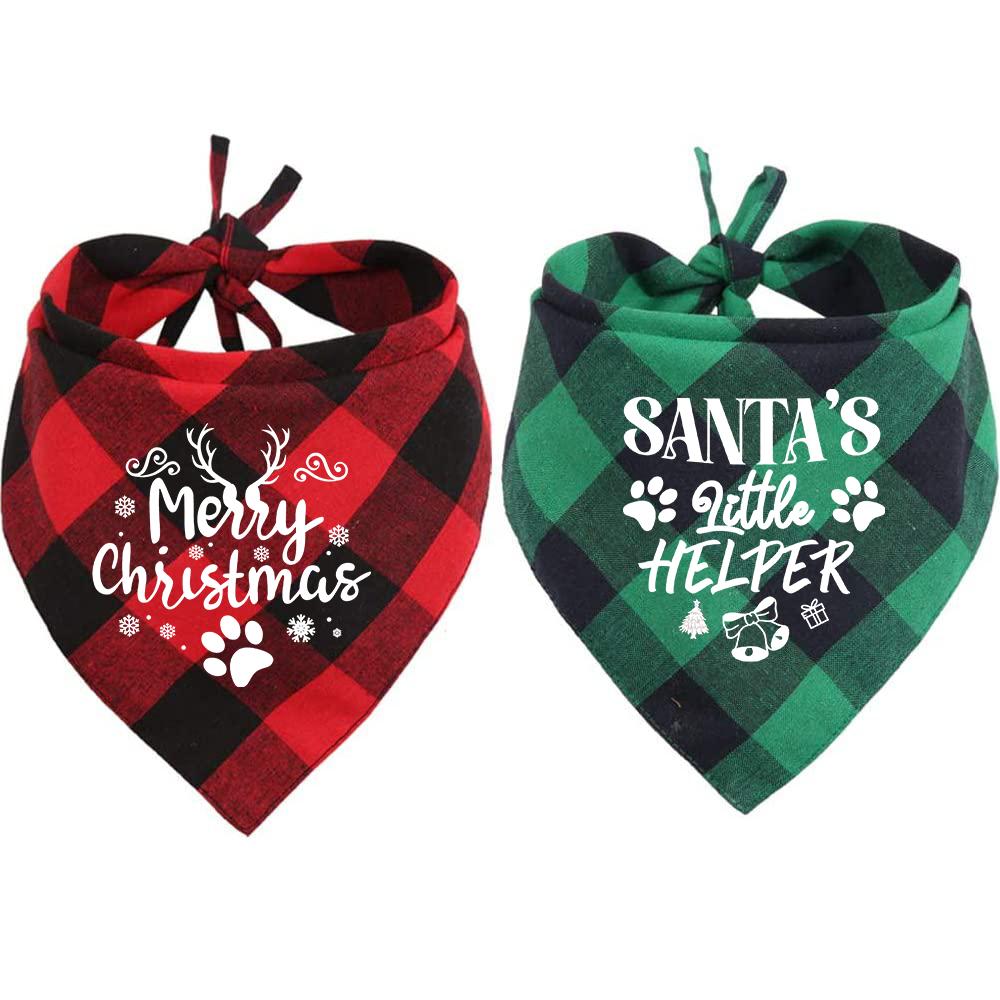 2PCS Merry Christmas Dog Bandanas Classic Plaid Christmas Xmas Dog Christmas Bandana Pet Scarf Dog Cat Xmas Accessories Gifts