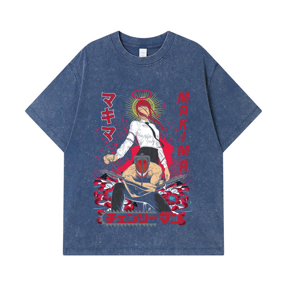 

275 GSM Washed T-shirts 100% Cotton Chainsaw Man V23 Denji x Makima Print Unisex Heavy Cotton T Shirt 2XL королівський синій колір