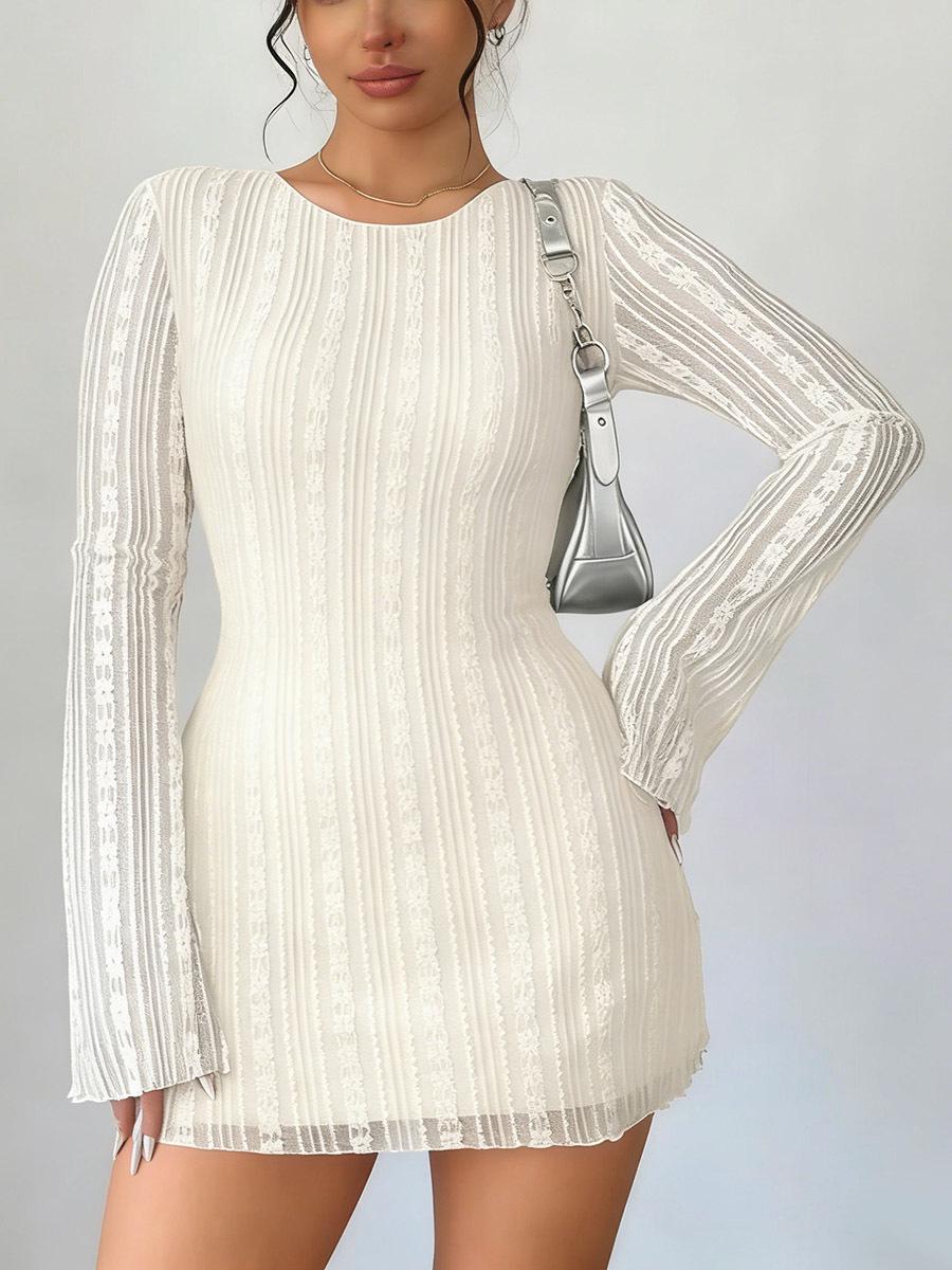

2026 European Sexy Mesh Backless Long Sleeve Slim Short Dress L