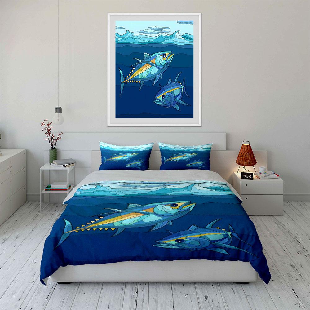 Colorful tuna fish motif. Bedding sets Duvet cover sets Duvet covers Pillowcases(1*Duvet Cover 2*Pillowcases without duvet insert)