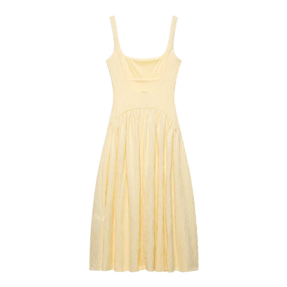 2025 Spring/Summer Women's Square Neck Textured Backless Slim Fit Pleated Dress