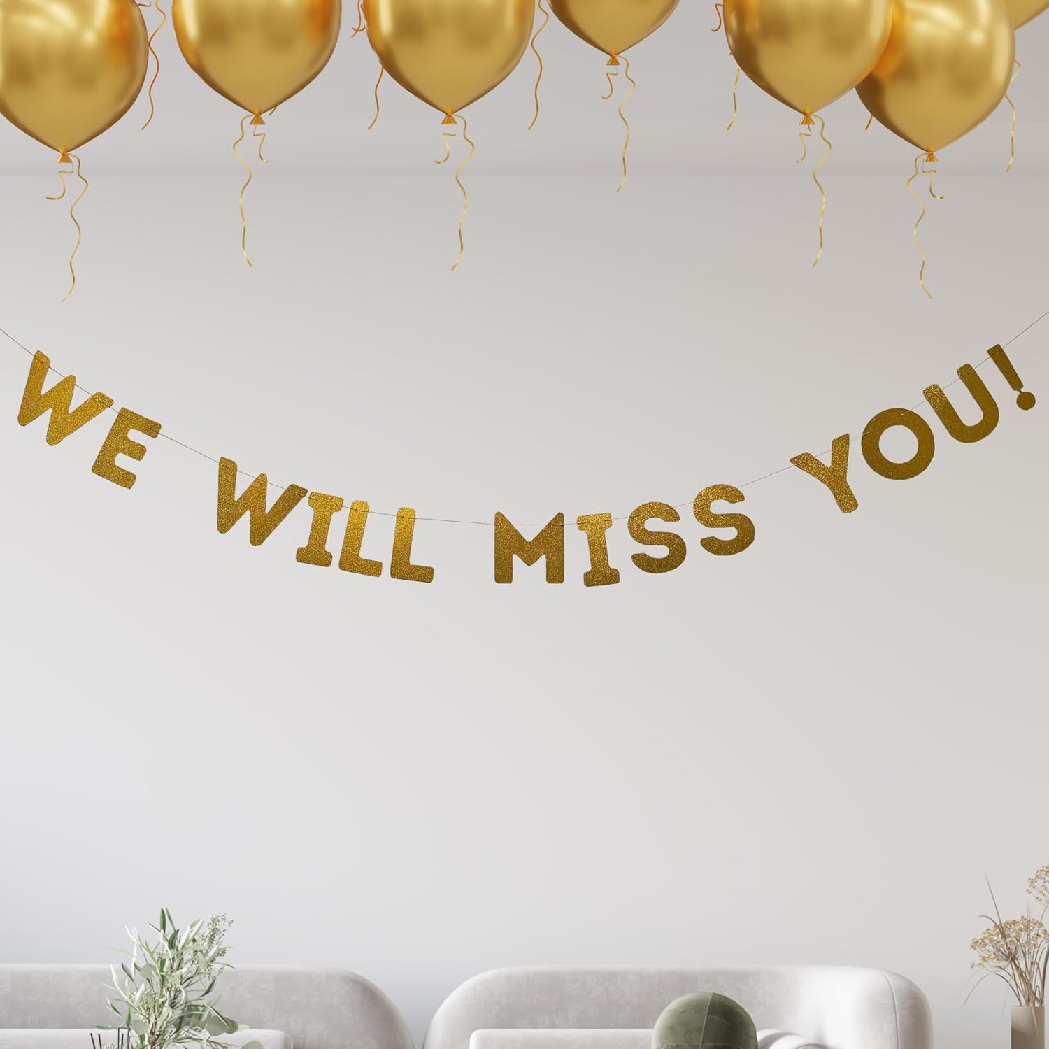 We Will Miss You Banner, Farewell Party Decoration, Perfect Pre-Strung Glitter Gold Sign for Going Away, Retirement, Coworker Leaving, or Goodbyes, 7