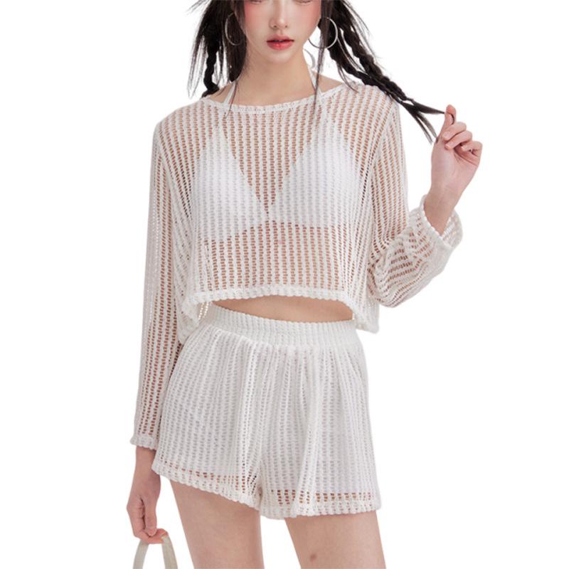 

Женская сексуальная вязаная пляжная одежда: Костюм-тройка с блузкой с вырезами для горячего источника и отпуска M (80-100 jin) белый