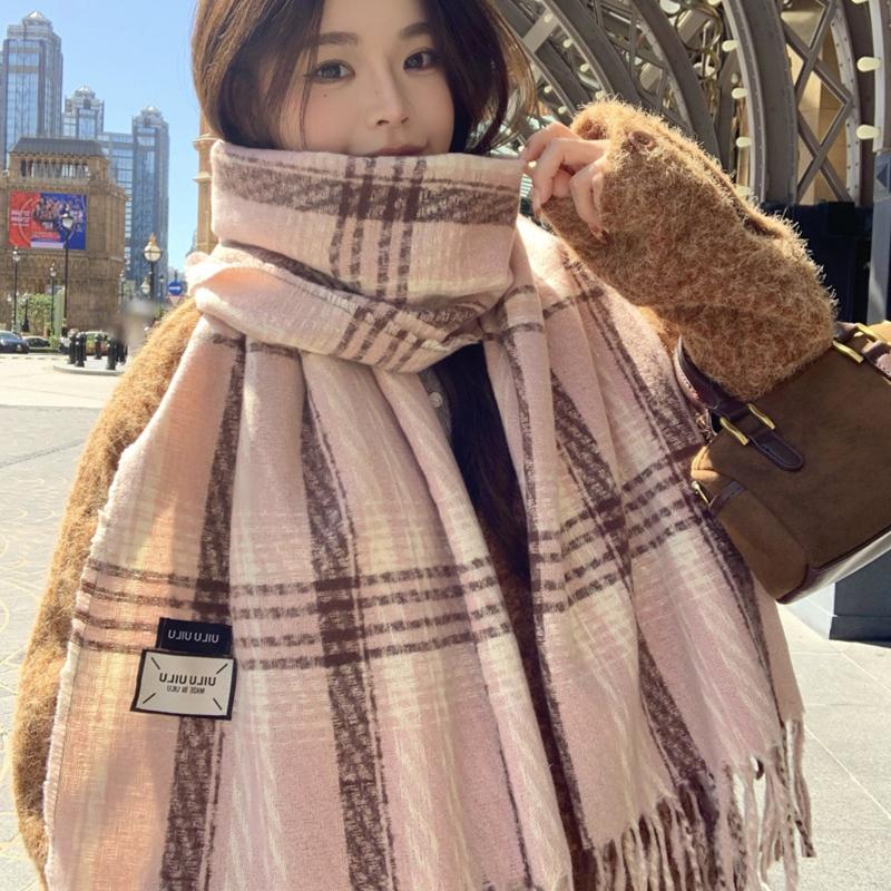Women Retro Plaid Knitted Scarf Headscarf Ladies Casual Sweet Tassel Warm Scarve Mujer Wrap Shawl Student Young Girl New Winter