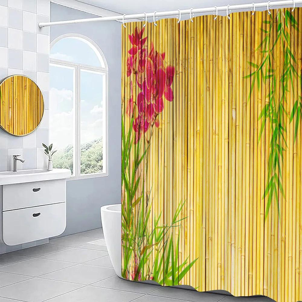 3D Bambu Duschdraperi Set Träådring Mönster Blommor Lotus Målning Badrumsdekor Polyestertyg Badskärmar Cortina Ba