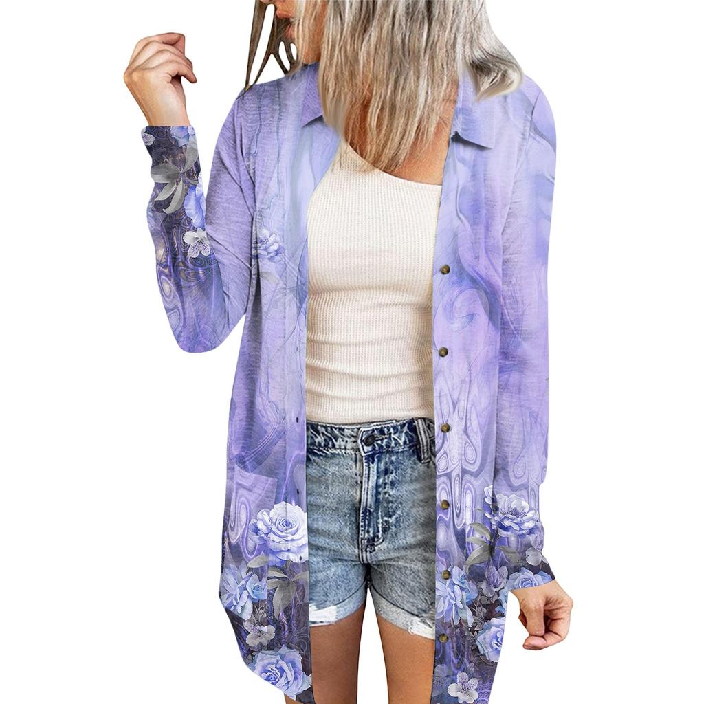 Women's Casual Fashion Floral Print Long Sleeve Mid-Length Cardigan Jacket