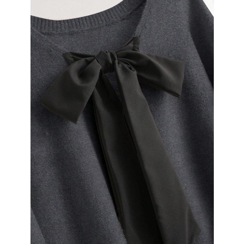 Women Loose V Neck Bow Thick Knitted Casual Sweater Outerwear