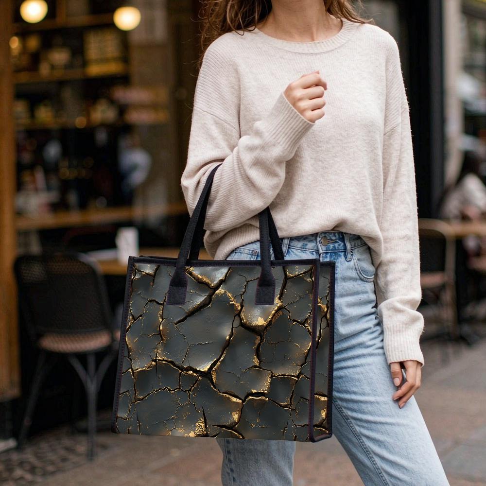 Stylish Crack Gold Pattern Tote Bag Large Capacity Portable Casual Daily Shoulder Handbag for Women Shopping Travel Commute