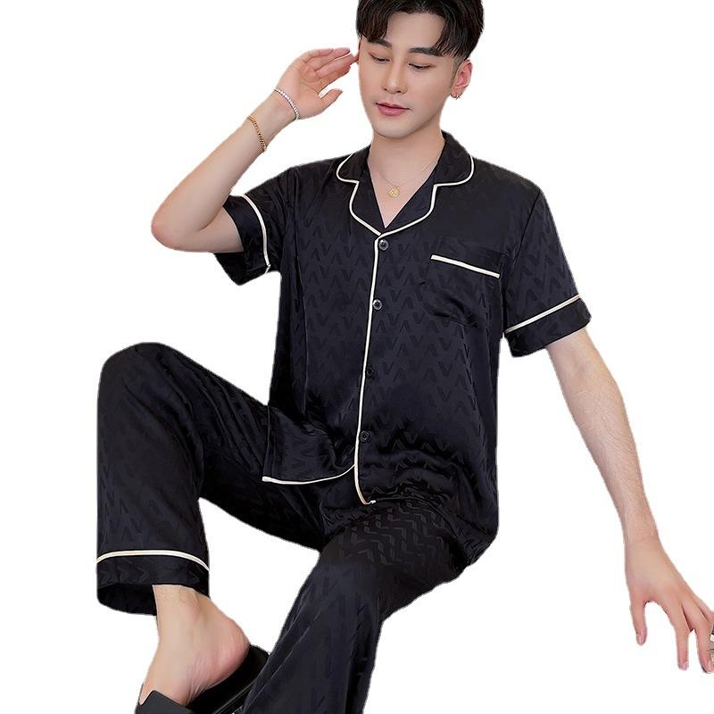 Pajamas Summer Men's Ice Silk Short Sleeve Pants Three-piece Jacquard New Casual Thin Silk Loungewear Set