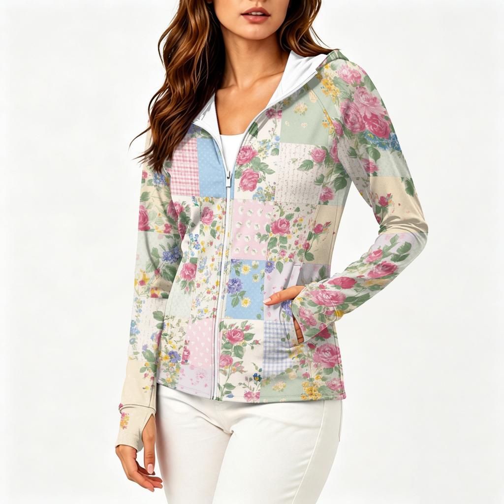 Women Lightweight Hooded Sun Protection Jacket Full Zip Long Sleeve Printed Pocket Outdoor Activewear Windbreaker