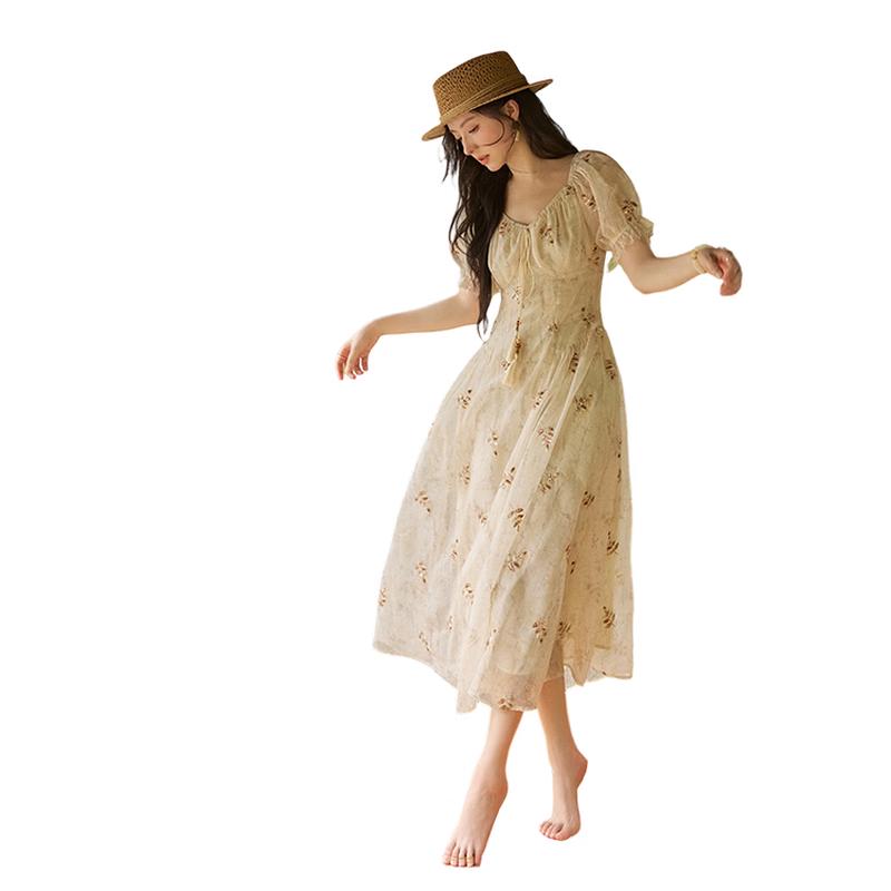 Elegant French Style Beaded Puff Sleeve Square Neck Dress M светло-желтого