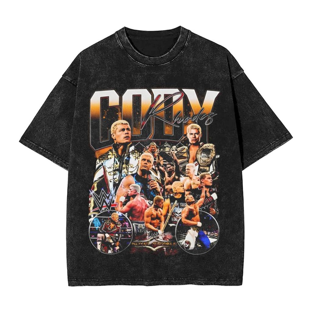 Retro Cody Rhodes Vintage Washed Tshirt Men Cotton Tops Shirts Retro Crewneck Short Sleeve