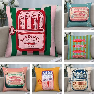 CoastalCharm Sardinendosen-Kissenbezug Weicher Plüschstoff Doppelseitig Bedruckter Sofakissenbezug für Alle Jahreszeiten Wohndeko Geschenk
