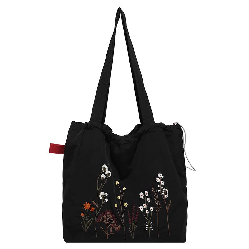 

Thickened~ Vintage nylon tote bag Large capacity embroidered shoulder bundle mouth bag Student class commuter bag 33*16*33 чёрный