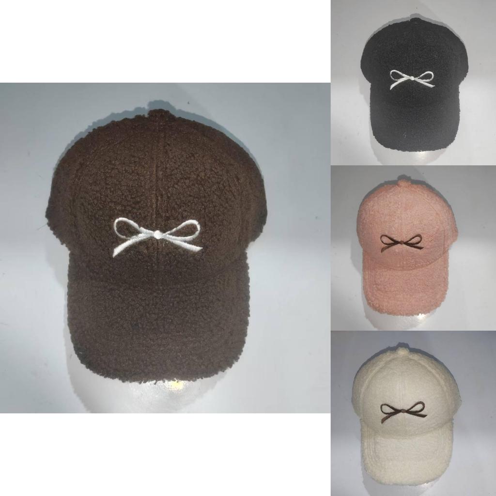 Autumn Winter Womens Fluffy Embroidered Baseball Cap With Bow Detail For Trendy Look