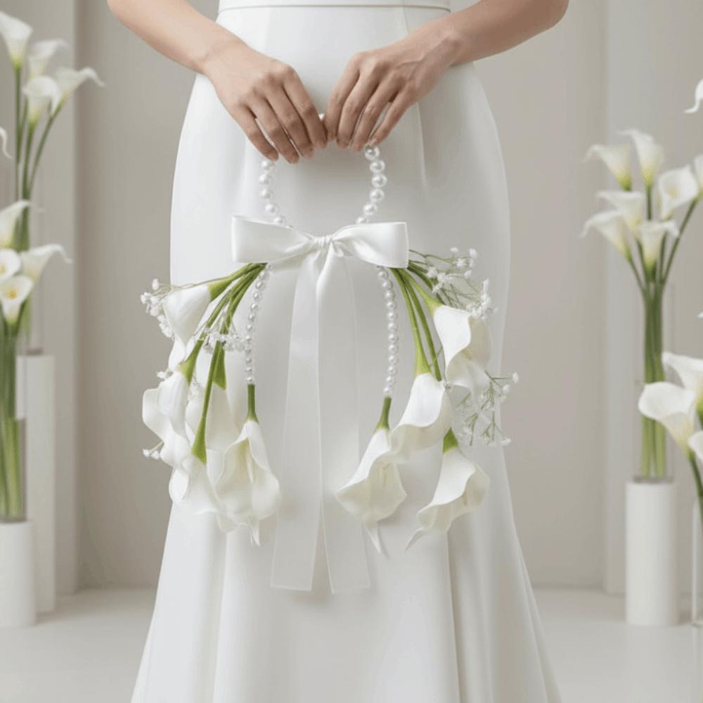 Satin Bowknot Wedding Flowers White Blossom Top Handle Bouquet Bridal Bouquet  Engagement Party