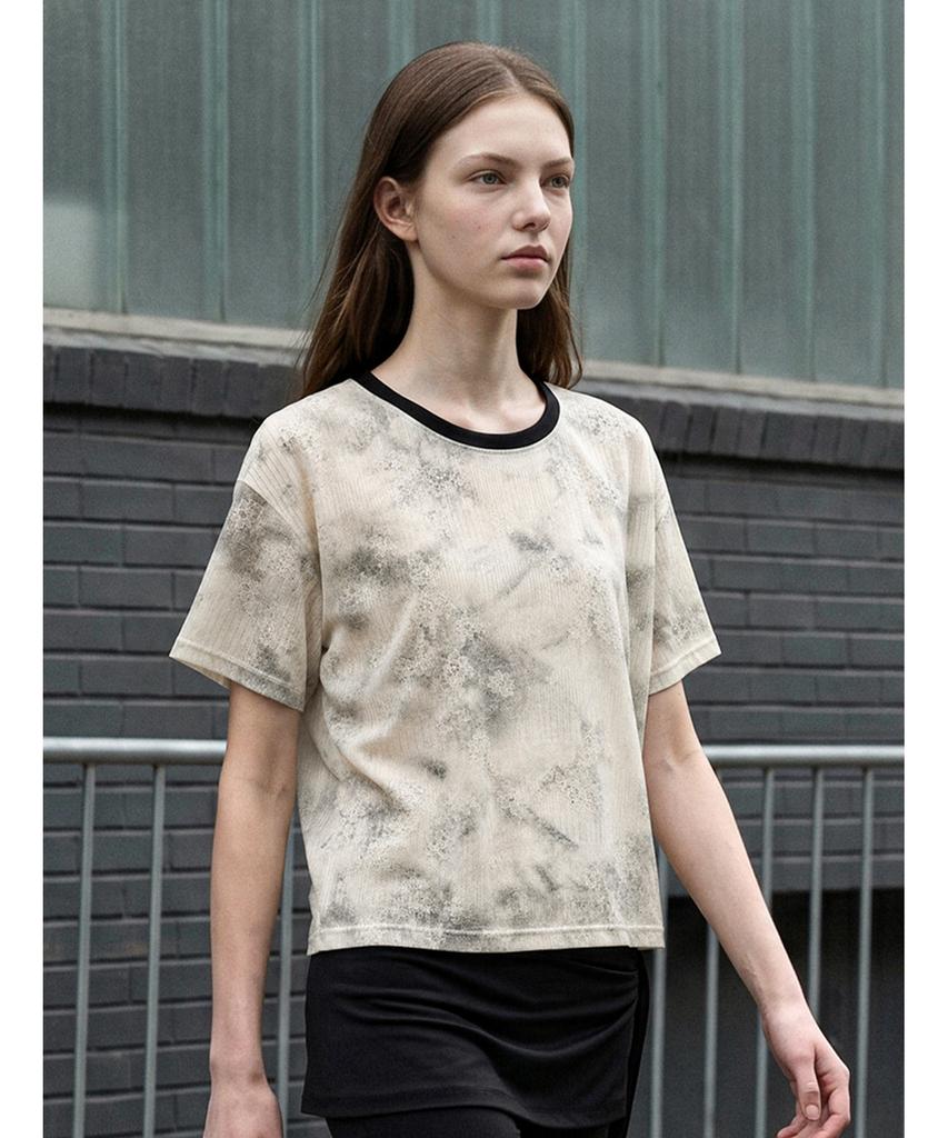 Poebeo21 Contrast Neck Print Short Sleeve T-Shirt (Ftdbts063)